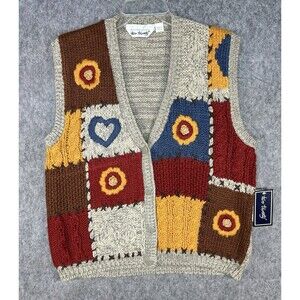 Vintage Two Twenty Hand Knitted Floral Women’s Cardigan Heart Stitched 90s